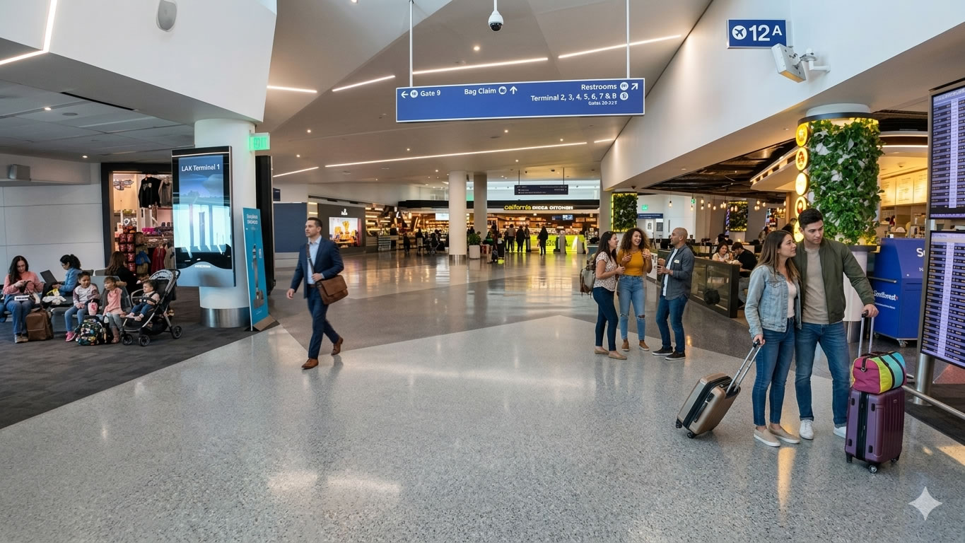Busy Terminal 1 LAX Airport Gate 12A Area with Travelers